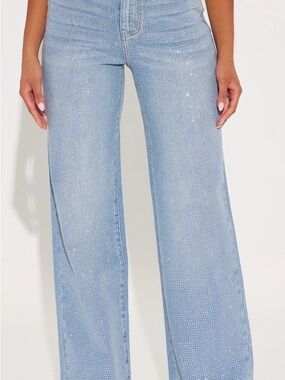 Fashion Nova Light Blue Wide-Leg Jeans with Rhinestone Detail